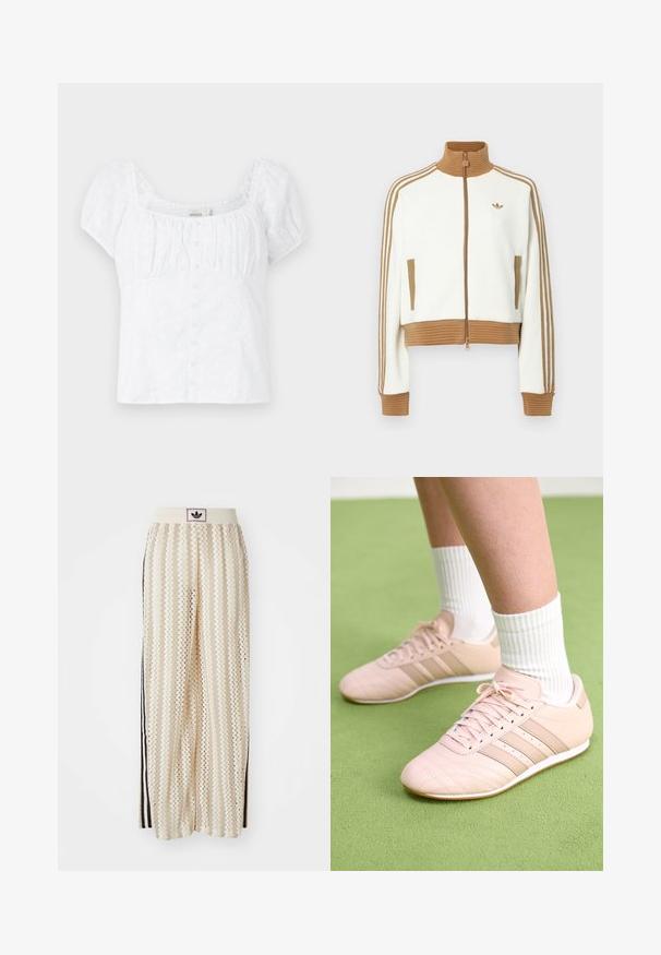 Biely skrátený kabát s rebrovaným hnedým golierom a manžetami. Obsahuje dve bočné vrecká a tri hnedé pruhy po stranách rukávov. Vyšívané logo.; Biela blúzka s hranatým výstrihom, elastickými nariasenými rukávmi a zapínaním na gombíky. Obsahuje textúru kvetinovej výšivky a priliehavý strih.; Béžové nohavice s širokými nohavicami a zigzagovými vzormi, s čiernym logom na páse a bočnými čiernymi pruhmi. Ľahká, textúrovaná látka.; Svetloružové športové topánky s diagonálnym šitím, bielymi podrážkami a tromi bočnými pruhmi. Nosené s rebrovanými bielymi ponožkami na zelenej ploche.
