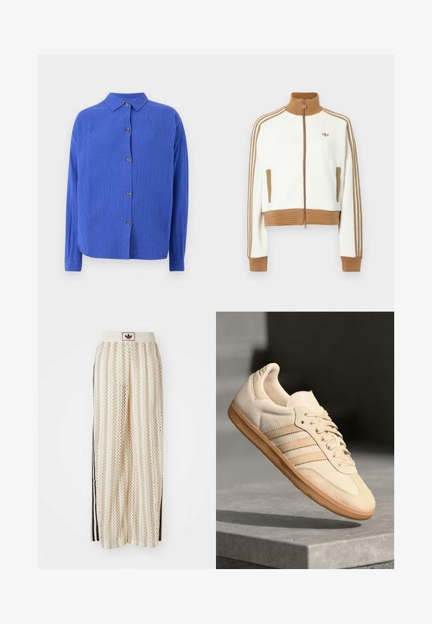 Witte cropped jas met een geribbeld bruin kraag en boorden. Voorzien van twee zijzakken en drie bruine strepen langs de mouwen. Geborduurd logo.; Blauwe overhemd met knopen van een gestructureerde stof, met kraag, lange mouwen, en vijf bruine knopen aan de voorkant. Rondlopende onderste zoom.; Crème kleurige wijde broek met een zigzagpatroon, met een zwarte logo tailleband en zij zwarte strepen. Lichtgewicht, gestructureerde stof.; Lichtbeige suède sneaker met een gumrubberen buitenzool, drie diagonale strepen en een textuur op de neus. Voorzien van een logo op de tong en de zijkant.