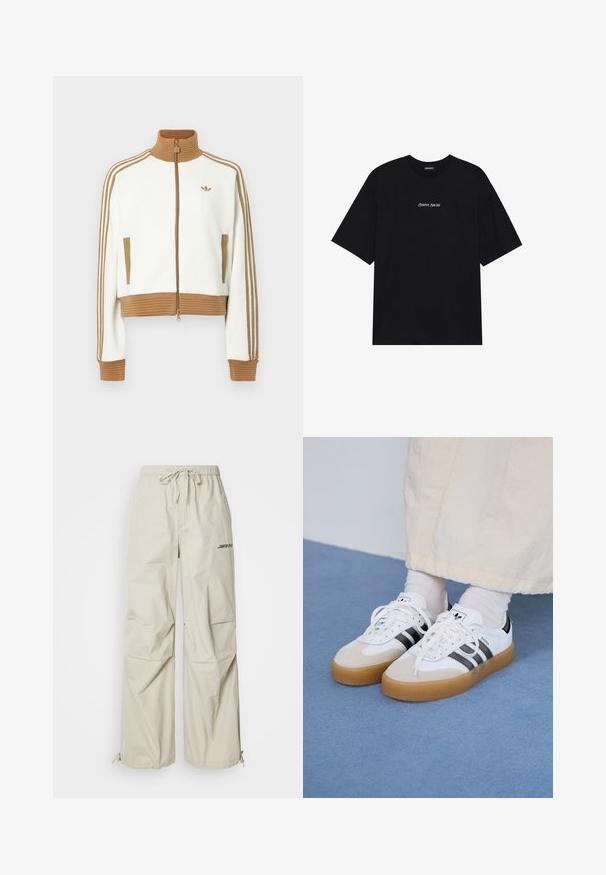 Fehér, rövidített dzseki bordás barna gallérral és mandzsettákkal. Két oldalsó zsebbe és három barna csíkba az ujjak mentén. Hímzett logóval.; Fekete pamut póló laza fazonnal. Rövid ujjú és kerek nyakú. Fehér "Positive Sincere" felirat középen a mellrészen.; Beige, bő szárú nadrág könnyű anyagból. Gumírozott derékrésszel és húzózsinórral, az oldalon nyomtatott logóval.; Fehér sportcipő fekete csíkokkal és bézs velúr részletekkel. Texturált gumi talppal és lapos fehér fűzőkkel rendelkezik, világos színű zoknival viselve.