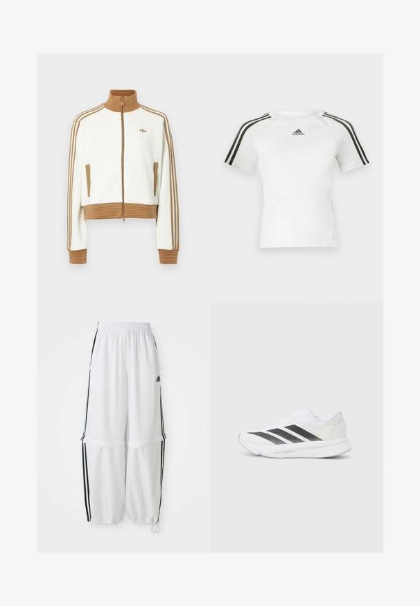 Witte cropped jas met een geribbeld bruin kraag en boorden. Voorzien van twee zijzakken en drie bruine strepen langs de mouwen. Geborduurd logo.; Witte sport shirt met korte mouwen, voorzien van een zwart driekleurig ontwerp op de schouders, een gladde textuur en een klein zwart adidas-logo op de borst.; Witte sportbroek met een relaxte pasvorm, elastische tailleband en zwarte zijkanten. Voorzien van ritszakken en elastische boorden bij de enkels.; Witte sportschoen met zwarte diagonale strepen, bovenwerk van gaas, ronde neus en gestructureerde zool. Accenten zijn onder andere een zilveren hak en een minimalistisch ontwerp.