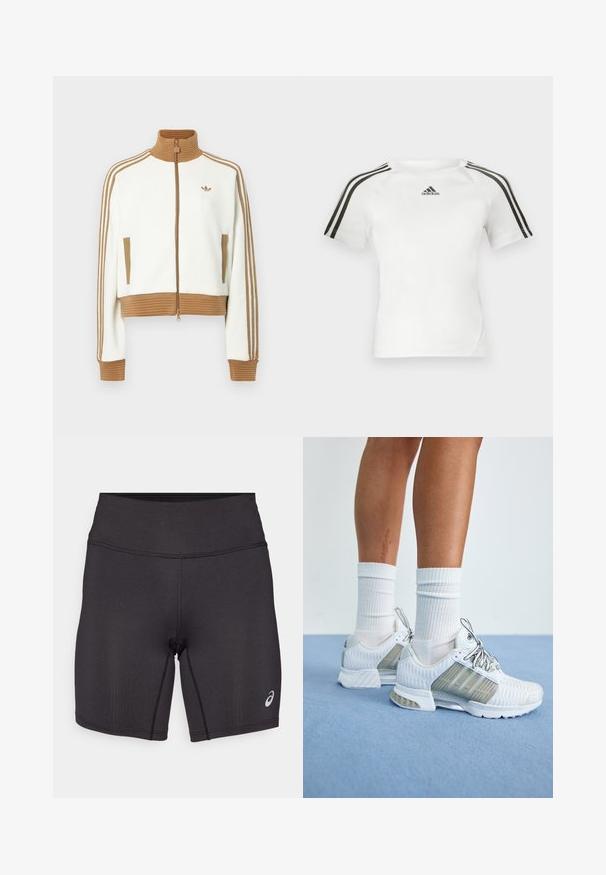 Valkoinen lyhyt takki, jossa on ruskea ribbireunus kauluksessa ja hihansuissa. Siinä on kaksi sivutaskua ja kolme ruskeaa raidetta hihoissa. Brodeerattu logo.; Valkoinen lyhythihainen urheilupaita, jossa musta kolmi-nauha design olkapäillä, sileä pinta ja pieni musta adidas-logo rinnassa.; Mustat urheilushortsit, joissa on sileä pinta, kiinteä malli ja korkea vyötärö. Ominaisuuksiin kuuluu kontrastivärinen ommel ja pieni logo alhaalta lahkeessa.; Valkoiset urheilukengät, joissa on verkkopinta, tekstuuriset yksityiskohdat ja harmaat korostukset. Nauhat ovat hopeiset, yhdistetty valkoisiin ribattuihin sukkiin.