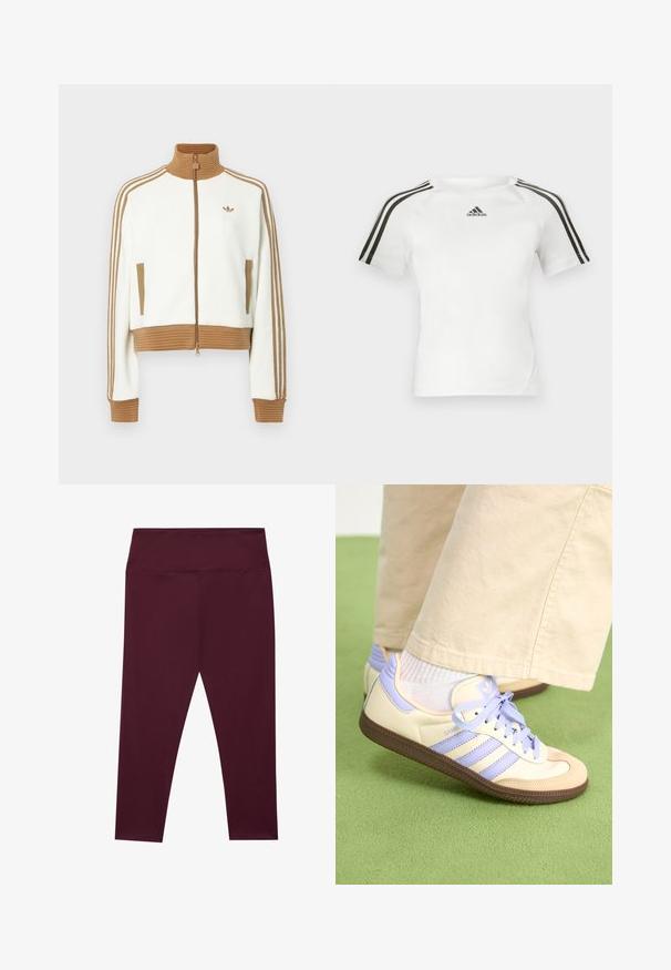 Veste blanche raccourcie avec un col et des poignets côtelés marron. Comprend deux poches latérales et trois bandes marron le long des manches. Logo brodé.; T-shirt de sport blanc à manches courtes avec un design à trois rayures noires sur les épaules, texture lisse et un petit logo adidas noir sur la poitrine.; Leggings bordeaux avec une taille haute, fabriqués dans un tissu lisse et extensible. Présentent un design sans coutures et sans poches extérieures.; Baskets crème et lavande avec trois bandes et une semelle marron texturée, dotées de lacets et d'un talon rembourré. Tige en tissu doux.
