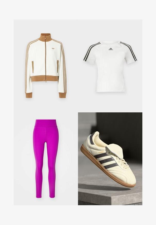 Witte cropped jas met een geribbeld bruin kraag en boorden. Voorzien van twee zijzakken en drie bruine strepen langs de mouwen. Geborduurd logo.; Witte sport shirt met korte mouwen, voorzien van een zwart driekleurig ontwerp op de schouders, een gladde textuur en een klein zwart adidas-logo op de borst.; Aansluitende leggings van felroze stof met een gladde textuur en hoge tailleband, met een naadloos ontwerp en taps toelopende benen.; Crème leren sneaker met drie donkere strepen, een bruine gumrubberen zool en een ronde neus. Voorzien van een opvouwbare tong met het label "SAMBA."