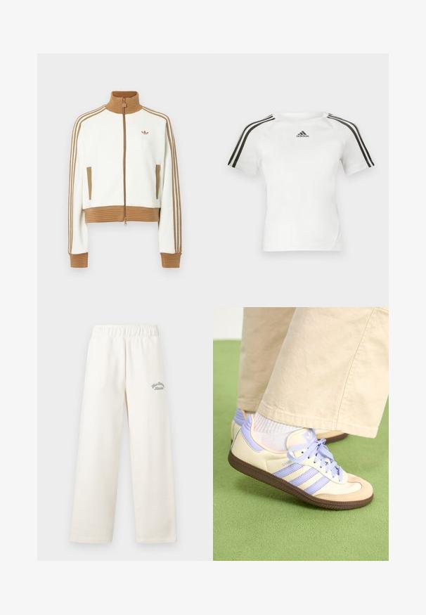 Hvid cropped jakke med en ribbet brun krave og mansjetter. Har to sidelommer og tre brune striber langs ærmerne. Broderet logo.; Hvid kortærmet atletisk skjorte med sort tre-stribe design på skuldrene, glat tekstur, og et lille sort adidas logo på brystet.; Cremefarvede vide bukser lavet af blødt materiale med elastisk talje. Har diskret grøn broderet tekst foran.; Creme og lavendel sneakers med tre striber og en tekstureret brun sål, der har snørebånd og en polstret hæl. Blødt stof øvre.