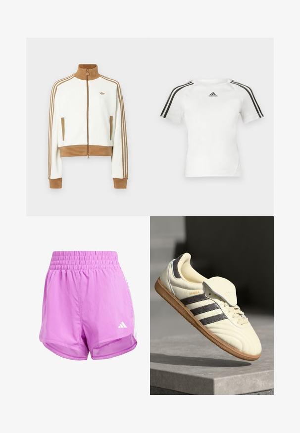 Valge lühendatud jakk, millel on soonikkoes pruun krae ja mansetid. Omab kahte küljetaskut ja kolme pruuni triipu varrukatel. Siidistatud logo.; Valge lühikeste varrukatega sportlik särk, millel on must kolmerealine disain õlgadel, sile tekstuur ja väike must adidas'i logo rinnal.; adidas Performance PACER STRIPES HIGH RISE - Spordišortsid - purple burst white; Kreem värvi nahast tennisetossid, millel on kolm tumedat triipu, pruun kummi tald ja ümardatud varvas. Omab volditavat keelt, millel on sildil "SAMBA."