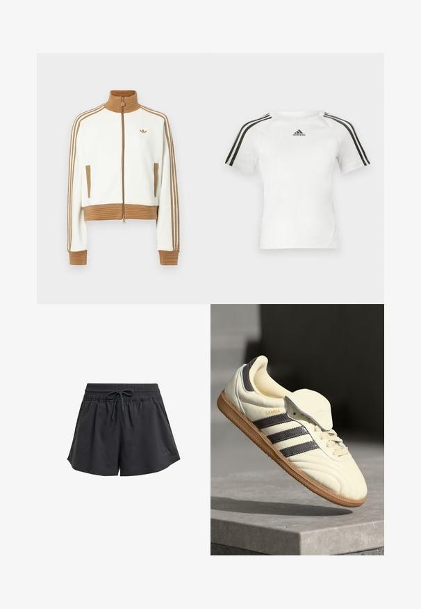 Valge lühendatud jakk, millel on soonikkoes pruun krae ja mansetid. Omab kahte küljetaskut ja kolme pruuni triipu varrukatel. Siidistatud logo.; Valge lühikeste varrukatega sportlik särk, millel on must kolmerealine disain õlgadel, sile tekstuur ja väike must adidas'i logo rinnal.; Mustad mustika spordishortsid elastse vöökoha, seesmise nööriga ja külje lõigetega. Valmistatud sileda, kergest kangast.; Kreem värvi nahast tennisetossid, millel on kolm tumedat triipu, pruun kummi tald ja ümardatud varvas. Omab volditavat keelt, millel on sildil "SAMBA."