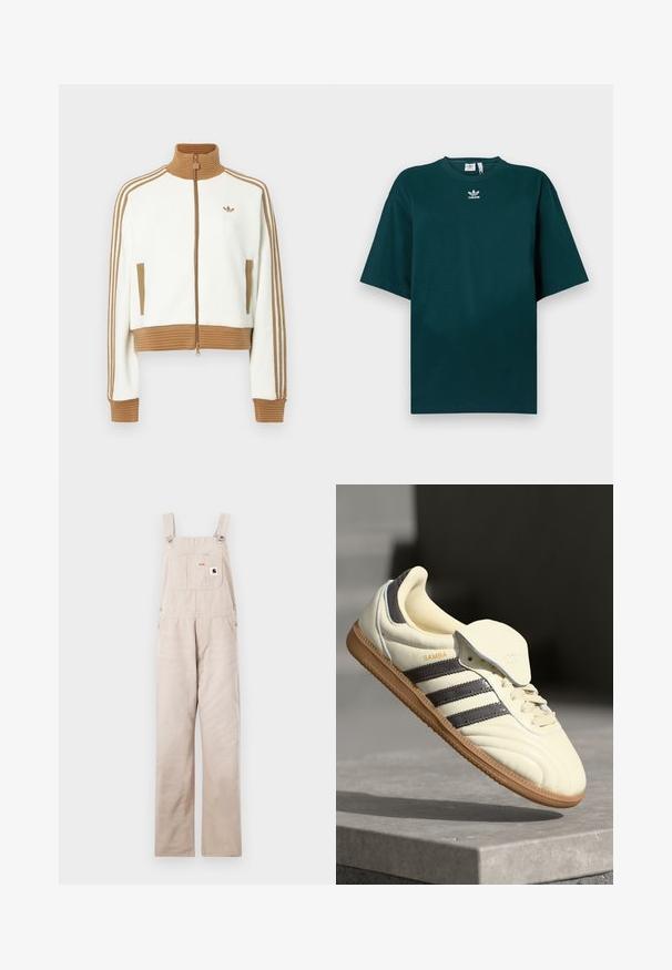 Balta īsā jaka ar ribotu brūnu apkakli un aprocēm. Iezīmēti divi sānu kabatas un trīs brūnas svītras gar piedurknēm. Izšūts logo.; Tumši zaļa pārmēra kokvilnas T-krekls ar īsām piedurknēm un apaļu kakla izgriezumu, uz krūtīm redzama balta Adidas logo.; Bēšas denima visārdas ar regulējamiem sprādzēm, priekšējo kabatu un logotipa etiķeti. Taisnas kājas dizains, gluda tekstūra un bez rotājumiem.; Krēmkrāsas ādas tenisbikses ar trim tumšiem svītrām, brūnu gumijas zoli un noapaļotu purngalu. Iezīme ir locījamā mēle ar uzrakstu "SAMBA".