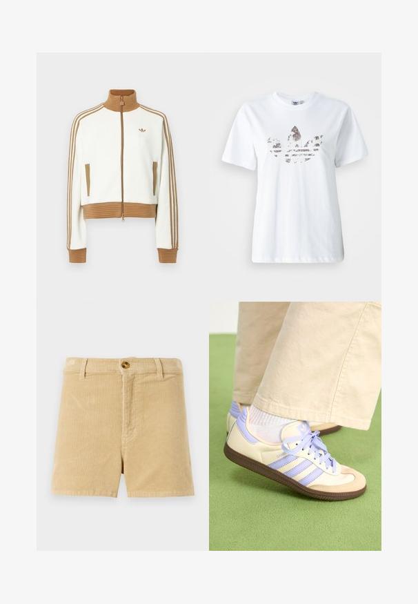 Witte cropped jas met een geribbeld bruin kraag en boorden. Voorzien van twee zijzakken en drie bruine strepen langs de mouwen. Geborduurd logo.; Witte katoenen T-shirt met een grote, glinsterende, donkere afbeelding van het Adidas trefoil logo op de voorkant. Korte mouwen en ronde hals.; Khaki corduroy shorts met een gestructureerd ribbelpatroon, voorzien van een voorknopsluiting en twee zijzakken. Klassiek recht silhouet.; Crème- en lavendel-sneakers met drie strepen en een gestructureerde bruine zool, voorzien van veters en een gewatteerde hiel. Zachte stoffen bovenkant.