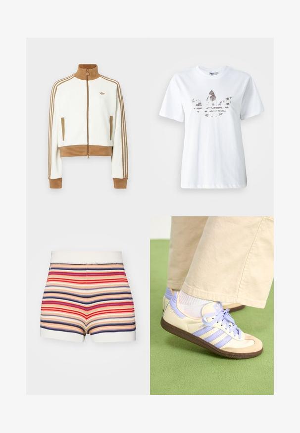 Veste blanche raccourcie avec un col et des poignets côtelés marron. Comprend deux poches latérales et trois bandes marron le long des manches. Logo brodé.; T-shirt en coton blanc présentant un grand graphique pailleté et sombre du logo trèfle Adidas sur le devant. Manches courtes et col rond.; Shorts rayés en crème, rouge, bleu et beige. Présentent une taille côtelée et des jambes courtes, avec un design tricoté texturé.; Baskets crème et lavande avec trois bandes et une semelle marron texturée, dotées de lacets et d'un talon rembourré. Tige en tissu doux.
