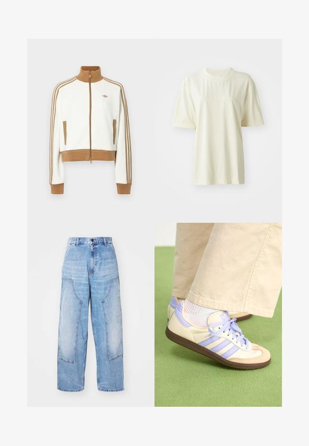 Hvit cropped jakke med en rillet brun krage og mansjetter. Har to sidelommer og tre brune striper langs ermene. Brodert logo.; Kremfarget bomull T-skjorte med rund hals, korte ermer og preget "adidas"-logo på brystet. Glatt tekstur og avslappet passform.; Lyseblå denim brede bukser med to store frontlommer, knappelukking og subtil falming. Stikking aksenter på lommene.; Kremfargede og lavendelfargede joggesko med tre striper og en teksturert brun såle, med lisser og en polstret hæl. Mykt stofføvre.