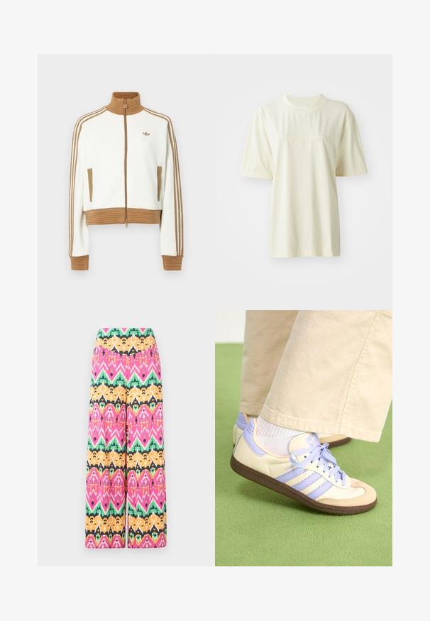 Giacca bianca cropped con collo e polsini a coste marroni. Presenta due tasche laterali e tre strisce marroni lungo le maniche. Logo ricamato.; T-shirt in cotone color crema con collo tondo, maniche corte e logo "adidas" in rilievo sul petto. Tessuto morbido e vestibilità rilassata.; Pantaloni a gamba larga multicolori con motivo geometrico in rosa, verde, arancione e nero. Realizzati in tessuto leggero con una finitura liscia.; Sneakers crema e lavanda con tre strisce e suola marrone texturizzata, dotati di lacci e tallone imbottito. Parte superiore in tessuto morbido.
