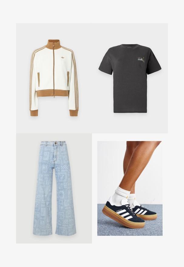 Fehér, rövidített dzseki bordás barna gallérral és mandzsettákkal. Két oldalsó zsebbe és három barna csíkba az ujjak mentén. Hímzett logóval.; Szürke pamut póló rövid ujjakkal. Elöl, a mellen egy kis, színes hímzett dizájn található a "Billing" szöveggel. Klasszikus szabású.; Világoskék, bő szárú farmernadrág, mely texturált mintázattal rendelkezik, különböző mintákkal, beleértve a növény- és állatvilágot, az anyag teljes területén.; Fekete velúr sportcipő fehér csíkokkal és díszítésekkel, lekerekített orral, gumitalpú külső résszel, fehér bordázott bokazoknival párosítva.