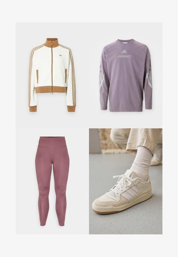 Balta trumpa striukė su raguoto rudo koloriumi ir rankogaliais. Yra dvi šoninės kišenės ir trys rudos juostelės palei rankoves. Išsiuvinėtas logotipas.; Ilgų rankovių purpurinė sweatshirta, pagaminta iš medvilnės, su apvaliu kaklu, "TEAMGEIST" spauda ir abstrakčiais pilkais grafikais ant rankovių. Yra Adidas logotipas.; Minkštos aukštos kedai mėlynais atspalviais, pagaminti iš tamprios, lygaus audinio, be siūlių ir matomų siūlių ant kojų.; Baltos sportbačiai su zomšos ir odos viršutine dalimi, perforuotas pirštas, trys šviesiai pilkai juostos, plokščios raišteliai ir tekstūruota guminė padas.