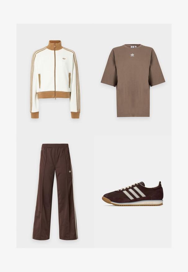 White cropped jacket with a ribbed brown collar and cuffs. Features two side pockets and three brown stripes along the sleeves. Embroidered logo.; Brown cotton t-shirt with short sleeves, round neck, and white Adidas logo centered at the chest, featuring a plain design and relaxed fit.; Brown athletic pants with a wide-leg design, white side stripes, an elastic waistband, and two side pockets. Features small logo on the leg.; Low-profile dark burgundy Adidas sneaker with white stripes, cream laces, and gum sole, side view on plain background.