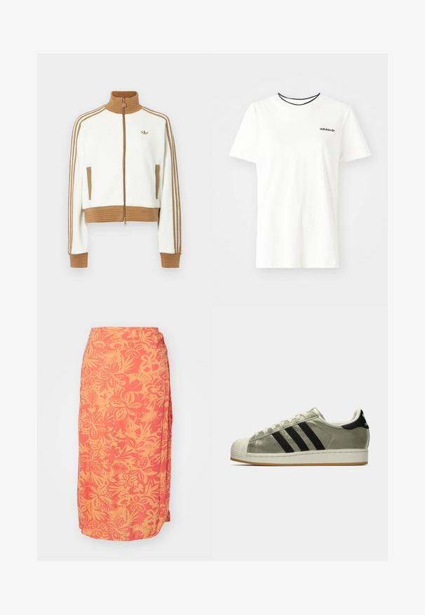 Fehér, rövidített dzseki bordás barna gallérral és mandzsettákkal. Két oldalsó zsebbe és három barna csíkba az ujjak mentén. Hímzett logóval.; Fehér pamut póló rövid ujjakkal és kerek nyakkivágással. A mellkason egy fekete Adidas logó található, valamint kontrasztos fekete belső gallér.; Hosszú, korall színű szoknya, amelyen trópusi virágmintázat látható sárga színben. Könnyű anyagból készült, sima textúrával és ráncolt derékrésszel.; Fémes olíva zöld felsőrésszel rendelkező Adidas sportcipők, három fekete csíkkal, gumírozott orral és gumi talppal. Klasszikus dizájn texturált anyagból.