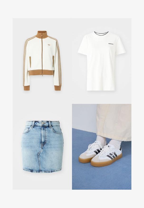 Hvit cropped jakke med en rillet brun krage og mansjetter. Har to sidelommer og tre brune striper langs ermene. Brodert logo.; Hvit bomull t-skjorte med korte ermer og rund hals. Har en svart Adidas-logo på brystet og en kontrasterende svart indre krage.; Lys blå denimskjørt med en tett passform, fem lommer, knapp- og glidelås-lukking, samt sydd detaljer langs kanten.; Hvite sneakers med svarte striper og beige semsket skinn-detaljer. Har en teksturert gummisåle og flate hvite snører, brukt med lyse sokker.