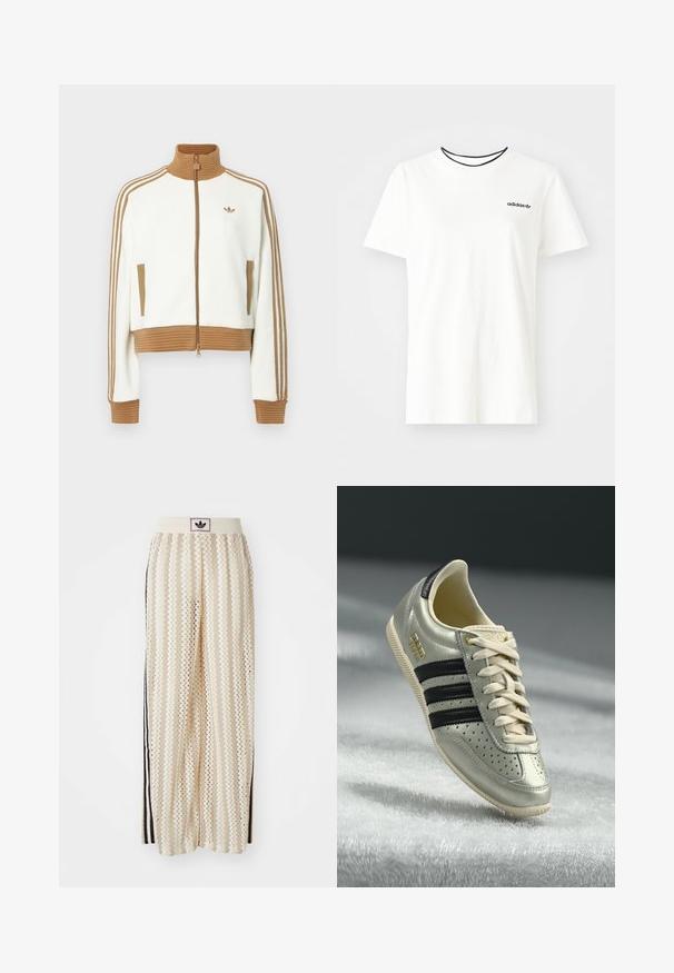 Jaqueta branca corta com um colarinho e punhos castanhos canelados. Apresenta dois bolsos laterais e três riscas castanhas nas mangas. Logótipo bordado.; T-shirt de algodão branca com mangas curtas e decote redondo. Apresenta um logo preto da Adidas no peito e uma gola interna preta em contraste.; Calças largas de cor creme com um padrão em zigzag, apresentando uma cintura com logotipo preto e riscas laterais pretas. Tecido leve e texturizado.; Sapatilhas de couro cinza claro com riscas pretas, detalhes perfurados, atacadores bege e um emblema dourado. Sola de borracha texturizada.