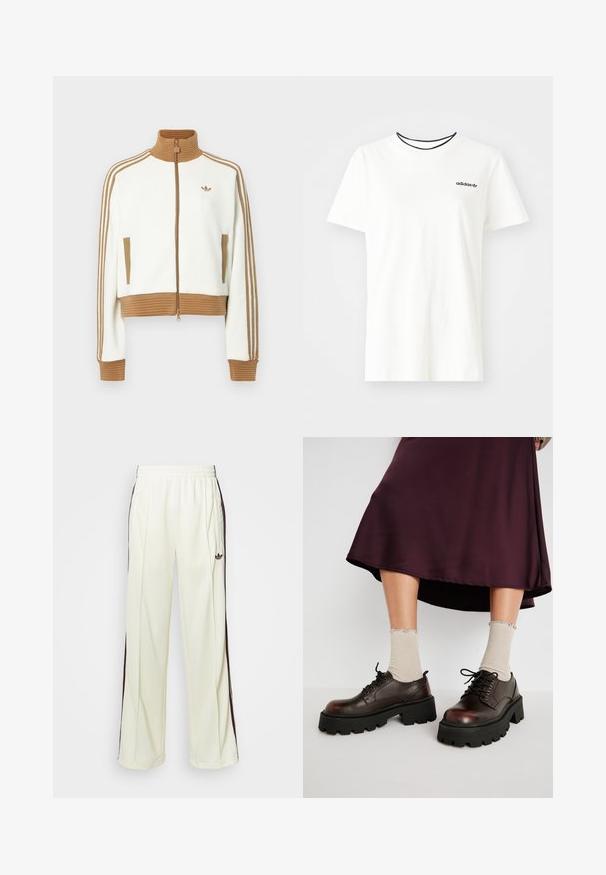 Valkoinen lyhyt takki, jossa on ruskea ribbireunus kauluksessa ja hihansuissa. Siinä on kaksi sivutaskua ja kolme ruskeaa raidetta hihoissa. Brodeerattu logo.; Valkoinen puuvillainen t-paita lyhyillä hihoilla ja pyöreällä kaula-aukolla. Rinnassa musta Adidas-logo ja erottuva musta sisäkaulus.; Kermanväriset collegehousut rentossa leikkauksessa, joissa on tummanruskeat sivuraidat ja brodattu logo vasemmassa reisissä.; Ruskean nahkaiset platform-kengät, joissa on paksut mustat pohjat, yhdistettyinä ribattuihin beigeihin sukkiin, joissa on aaltoilevat reunat, vaaleaa taustaa vasten.