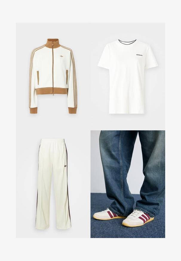 Jaqueta branca corta com um colarinho e punhos castanhos canelados. Apresenta dois bolsos laterais e três riscas castanhas nas mangas. Logótipo bordado.; T-shirt de algodão branca com mangas curtas e decote redondo. Apresenta um logo preto da Adidas no peito e uma gola interna preta em contraste.; Calças de moletom de cor creme com um ajuste descontraído, apresentando riscas laterais castanhas-escuras e um logótipo bordado na coxa esquerda.; Sapatilhas brancas com riscas em vinho, couro texturizado e malha, combinadas com jeans azuis de corte largo. Solas de borracha macia, estilo casual.