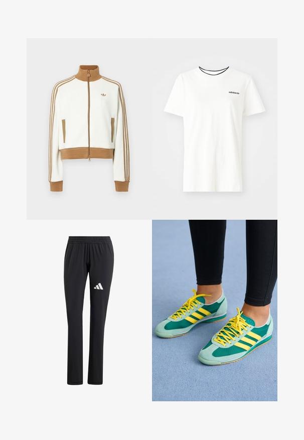 Weißes gekürztes Jacket mit einem gerippten braunen Kragen und Bündchen. Verfügt über zwei Seitentaschen und drei braune Streifen entlang der Ärmel. Besticktes Logo.; Weißes Baumwoll-T-Shirt mit kurzen Ärmeln und rundem Halsausschnitt. Mit einem schwarzen Adidas-Logo auf der Brust und einem kontrastierenden schwarzen Innenkragen.; Schwarze Trainingshose mit einem elastischen Bund, geradem Beinanschnitt, glatter Textur und einem weißen Adidas-Logo auf dem linken Oberschenkel.; Grüne und türkisfarbene Sportschuhe mit gelben Schnürsenkeln und drei gelben Streifen. Materialien aus Wildleder und Mesh, Gummisohlen und ein niedriges Profil.