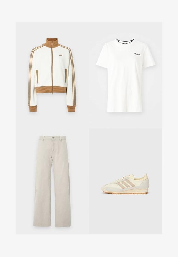 Bela skrajšana jakna z rebrastim rjavim ovratnikom in manšeti. Ima dva stranska žepa in tri rjave črte vzdolž rokavov. Vezen logo.; Bela bomba majica iz bombaža s kratkimi rokavi in okroglim izrezom. Ima črni Adidas logotip na prsih ter kontrastni črni notranji ovratnik.; Bež hlače s širokimi nogavicami in ravnim krojem, z stranskimi žepi in gumbom za zapiranje, izdelane iz trdnega bombažnega materiala.; Kremna atletska teniska obutev z tremi bež črtami, usnjatom in tekstilnim materialom, teksturiranim podplatom ter embosiranim logotipom na peti.