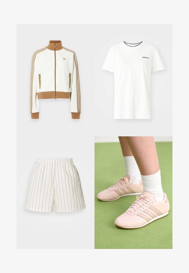 Hvit cropped jakke med en rillet brun krage og mansjetter. Har to sidelommer og tre brune striper langs ermene. Brodert logo.; Hvit bomull t-skjorte med korte ermer og rund hals. Har en svart Adidas-logo på brystet og en kontrasterende svart indre krage.; Hvite shorts med røde vertikale striper, med elastisk midjebånd og avslappet passform. Laget av et lett bomullsmateriale.; Lys rosa treningssko med skrå sømmer, hvite såler og tre laterale striper. Brukt med rillede hvite sokker på grønn overflate.