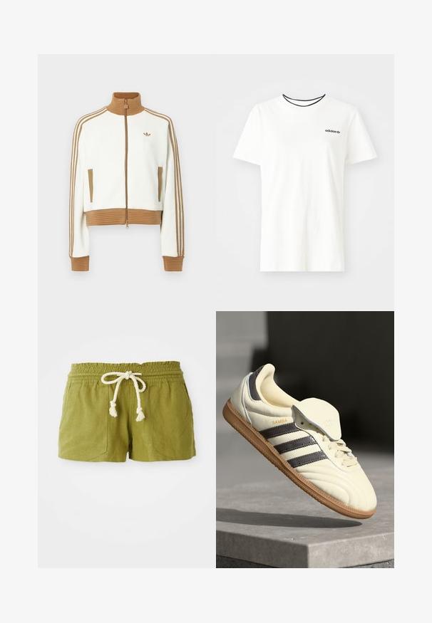 White cropped jacket with a ribbed brown collar and cuffs. Features two side pockets and three brown stripes along the sleeves. Embroidered logo.; White cotton t-shirt with short sleeves and a round neckline. Features a black Adidas logo on the chest and a contrasting black inner collar.; Green linen blend shorts with an elastic waistband, a drawstring tie, and two front pockets. Short, casual fit with textured fabric.; Cream leather sneaker with three dark stripes, a brown gum outsole, and a rounded toe. Features a foldable tongue labeled "SAMBA."