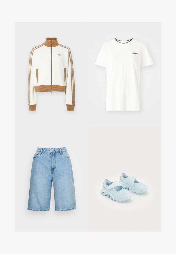 Bijela skraćena jakna s rebrastim smeškim ovratnikom i manžetama. Ima dva bočna džepa i tri smeđe pruge duž rukava. Izvezeni logo.; Bijela pamučna majica kratkih rukava s okruglim izrezom. Ima crni Adidas logo na prsima i kontrastnu crnu unutrašnju ovratniku.; Svijetloplave traper kratke hlače s visokim strukom, s kopčanjem na dugme, pet džepova i opuštenim krojem koji se proteže do srednje visine bedara.; Svijetloplave tenisice s mrežastom tkaninom, istaknutim prorezima u potplatu i čičak trakom preko vrha za sigurno prianjanje.