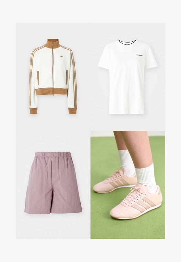 White cropped jacket with a ribbed brown collar and cuffs. Features two side pockets and three brown stripes along the sleeves. Embroidered logo.; White cotton t-shirt with short sleeves and a round neckline. Features a black Adidas logo on the chest and a contrasting black inner collar.; Light pink shorts made of textured fabric with an elastic waistband and straight cut. Features a subtle pattern and clean hem.; Light pink athletic shoes with diagonal stitching, white soles, and three lateral stripes. Worn with ribbed white socks on green surface.