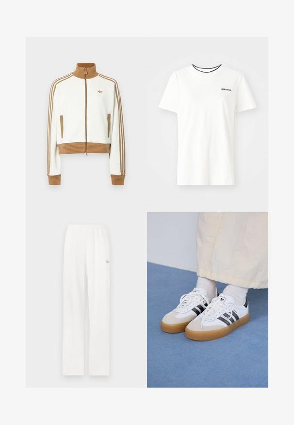 Hvit cropped jakke med en rillet brun krage og mansjetter. Har to sidelommer og tre brune striper langs ermene. Brodert logo.; Hvit bomull t-skjorte med korte ermer og rund hals. Har en svart Adidas-logo på brystet og en kontrasterende svart indre krage.; Hvite ribbete joggebukser med elastisk midje og en liten dekorativ logo på venstre side. Rett ben-design og myk tekstur.; Hvite sneakers med svarte striper og beige semsket skinn-detaljer. Har en teksturert gummisåle og flate hvite snører, brukt med lyse sokker.
