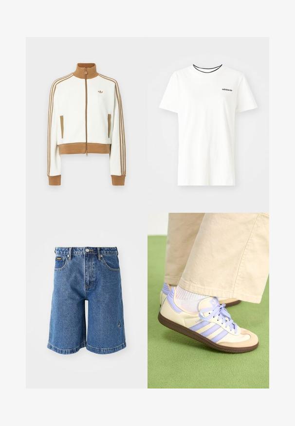 Bílá zkrácená bunda s hnědou žebrovanou límcem a manžetami. Má dvě boční kapsy a tři hnědé pruhy podél rukávů. Vyšívané logo.; Bílý bavlněný tričko s krátkými rukávy a kulatým výstřihem. Má černé logo Adidas na hrudi a kontrastní černý vnitřní límeček.; Džínové kraťasy v modré barvě, se rovný střih, pěti kapsami a kontrastním žlutým prošíváním. Obsahují malé logo na levé straně.; Krémové a levandulové tenisky se třemi pruhy a texturovanou hnědou podrážkou, vybavené tkaničkami a polstrovanou patou. Měkký textilní svršek.