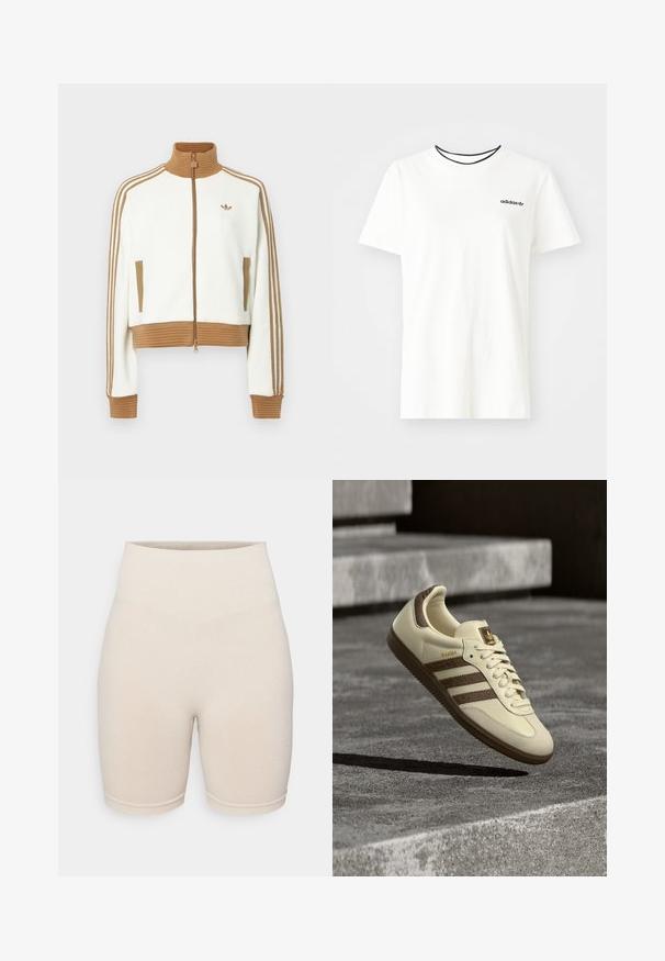 White cropped jacket with a ribbed brown collar and cuffs. Features two side pockets and three brown stripes along the sleeves. Embroidered logo.; White cotton t-shirt with short sleeves and a round neckline. Features a black Adidas logo on the chest and a contrasting black inner collar.; Beige ribbed bike shorts with a high waistband, featuring a textured pattern and fitted design that extends to mid-thigh.; Cream-colored sneaker with brown accents, textured side stripes, and a smooth leather finish. Features a lace-up design and rubber sole.