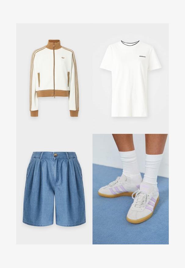 Chaqueta blanca cropped con un cuello y puños de color marrón con canalé. Cuenta con dos bolsillos laterales y tres rayas marrones a lo largo de las mangas. Logo bordado.; Camiseta de algodón blanca con manga corta y escote redondo. Presenta un logo negro de Adidas en el pecho y un cuello interior negro en contraste.; Pantalones cortos de mezclilla azul con un ajuste relajado, presentan un cierre de botón, frente plisado y bolsillos laterales, acabados con un dobladillo recto.; Zapatillas de ante gris claro con tres rayas lilas, suela de goma, cordones planos y calcetines blancos de canalé. Fondo azul.