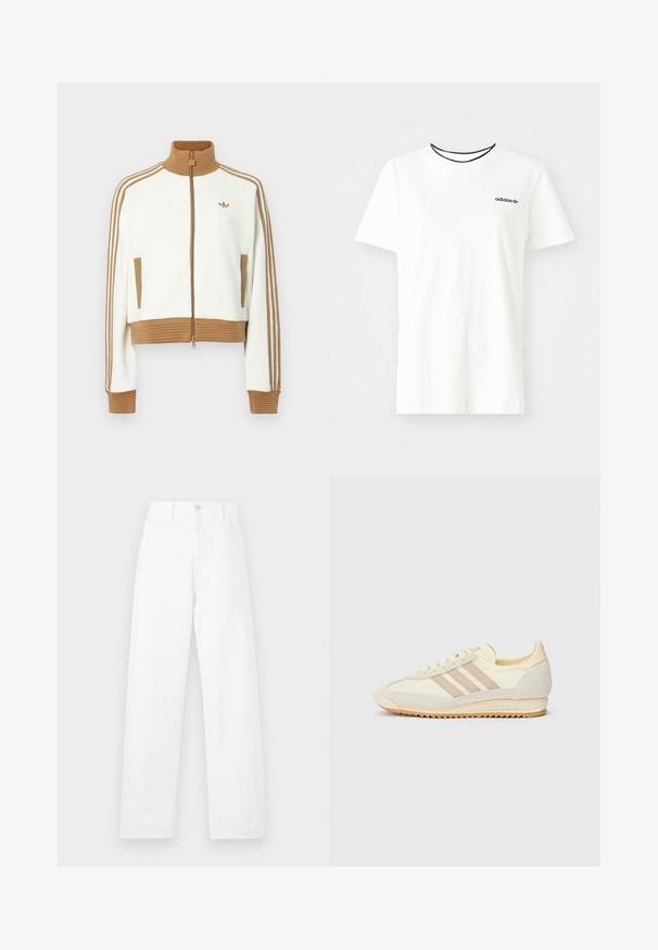 Witte cropped jas met een geribbeld bruin kraag en boorden. Voorzien van twee zijzakken en drie bruine strepen langs de mouwen. Geborduurd logo.; Witte katoenen t-shirt met korte mouwen en een ronde halslijn. Heeft een zwart Adidas-logo op de borst en een contrasterende zwarte binnenkraag.; Witte denim broek met een hoge taille, rechte pijpen, zichtbare stiksels, vijf zakken en een metalen knoopsluiting.; Crème sport sneaker met drie beige strepen, suède en textielmaterialen, een gestructureerde zool en geperst logo op de hiel.