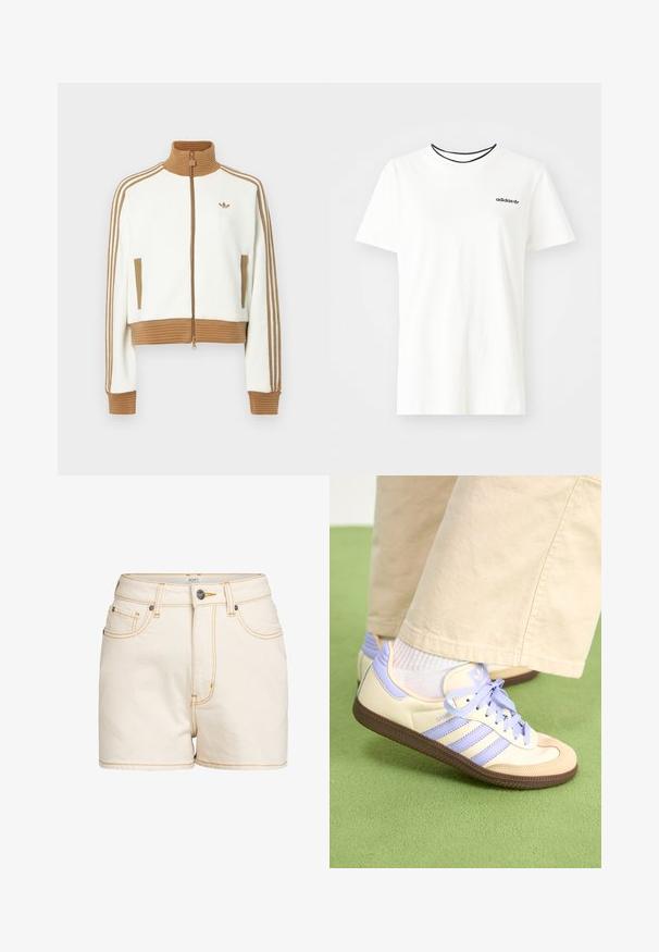 Hvit cropped jakke med en rillet brun krage og mansjetter. Har to sidelommer og tre brune striper langs ermene. Brodert logo.; Hvit bomull t-skjorte med korte ermer og rund hals. Har en svart Adidas-logo på brystet og en kontrasterende svart indre krage.; Beige denimshorts med høy midje, med kontrasterende gult stikking, frontlommer og en merket metallknapp som lukking.; Kremfargede og lavendelfargede joggesko med tre striper og en teksturert brun såle, med lisser og en polstret hæl. Mykt stofføvre.