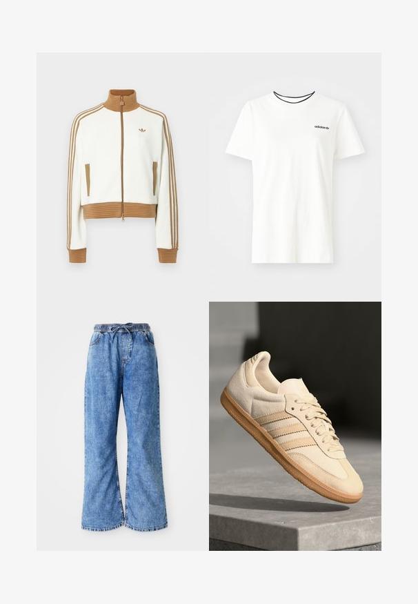 Jaqueta branca corta com um colarinho e punhos castanhos canelados. Apresenta dois bolsos laterais e três riscas castanhas nas mangas. Logótipo bordado.; T-shirt de algodão branca com mangas curtas e decote redondo. Apresenta um logo preto da Adidas no peito e uma gola interna preta em contraste.; Calças largas de denim azul claro com cintura elástica e cordão. Apresenta costuras duplas e bainha desfiada. Sem bolsos visíveis.; Sapatilha de camurça bege clara com sola de borracha, três riscas diagonais e uma biqueira texturizada. Apresenta o logótipo na língua e na lateral.