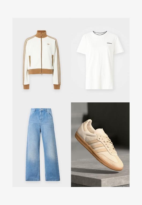 Witte cropped jas met een geribbeld bruin kraag en boorden. Voorzien van twee zijzakken en drie bruine strepen langs de mouwen. Geborduurd logo.; Witte katoenen t-shirt met korte mouwen en een ronde halslijn. Heeft een zwart Adidas-logo op de borst en een contrasterende zwarte binnenkraag.; Lichtblauwe denim wide-leg jeans met een hoog elastische tailleband, voorzien van twee voorzakken en een knoopsluiting. Schoon afgewerkt met minimale vervaging.; Lichtbeige suède sneaker met een gumrubberen buitenzool, drie diagonale strepen en een textuur op de neus. Voorzien van een logo op de tong en de zijkant.