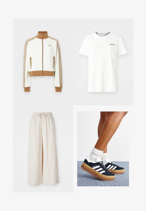 Hvid cropped jakke med en ribbet brun krave og mansjetter. Har to sidelommer og tre brune striber langs ærmerne. Broderet logo.; Hvid bomulds t-shirt med korte ærmer og rund halsudskæring. Har et sort Adidas-logo på brystet og en kontrasterende sort indvendig krave.; Bredde ben, flødefarvede bukser med elastisk talje og snor. Glat, let linnedstof uden synlige mønstre eller hardware.; Sorte sneakers i ruskind med hvide striber og detaljer, rundet tå, ydersål i gummi, kombineret med hvide ribstrikkede crew sokker.
