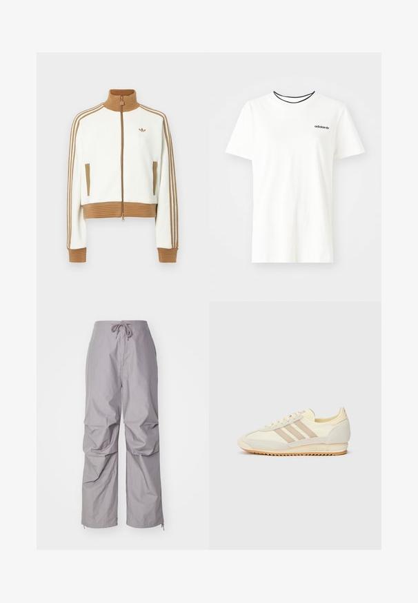 Jaqueta branca corta com um colarinho e punhos castanhos canelados. Apresenta dois bolsos laterais e três riscas castanhas nas mangas. Logótipo bordado.; T-shirt de algodão branca com mangas curtas e decote redondo. Apresenta um logo preto da Adidas no peito e uma gola interna preta em contraste.; Calças cinzas, folgadas e feitas de um tecido leve, com cintura ajustável por cordão e punhos ajustados com zíperes. Acabamento texturizado.; Sapatilha atlética creme com três riscas bege, materiais em camurça e tecido, sola texturizada e logo em relevo no calcanhar.