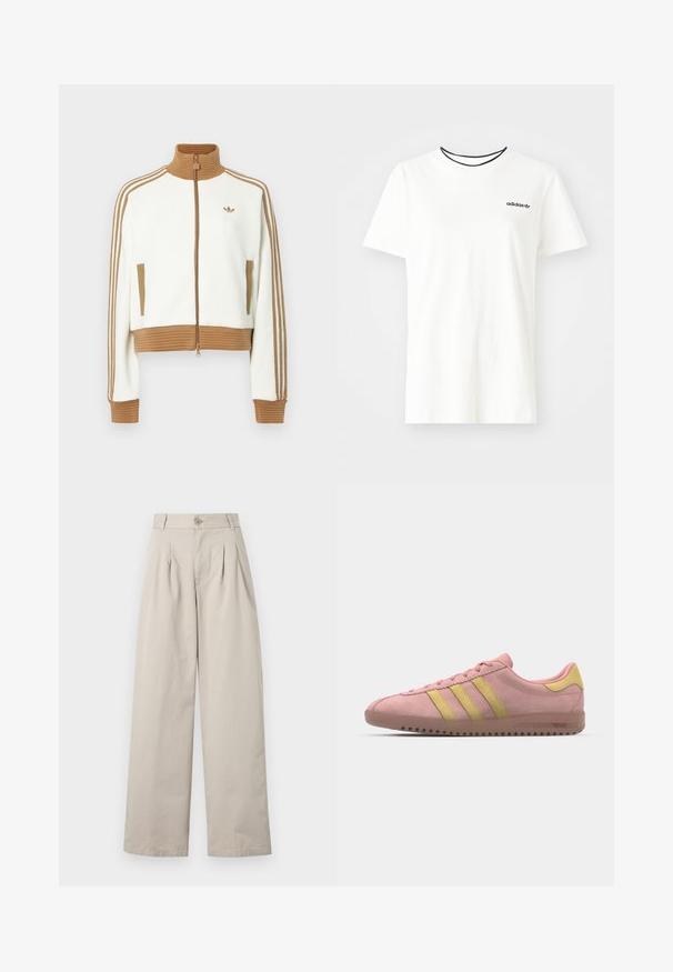 Valge lühendatud jakk, millel on soonikkoes pruun krae ja mansetid. Omab kahte küljetaskut ja kolme pruuni triipu varrukatel. Siidistatud logo.; Valge puuvillasest t-särgist lühikeste varrukatega ja ümarate kaelustega. Rinnal on must Adidas'i logo ning kontrastne must sisekaelus.; Bežid laiad püksid, mis on valmistatud puuvillast, esitaskutega, nööpkinni ja vööloopidega, siledate pindadega.; Roosa seemisneaker kolme kollase triibuga, ümar varvas ja tekstureeritud kummitald. Madala profiiliga disain kangast kaelusega.