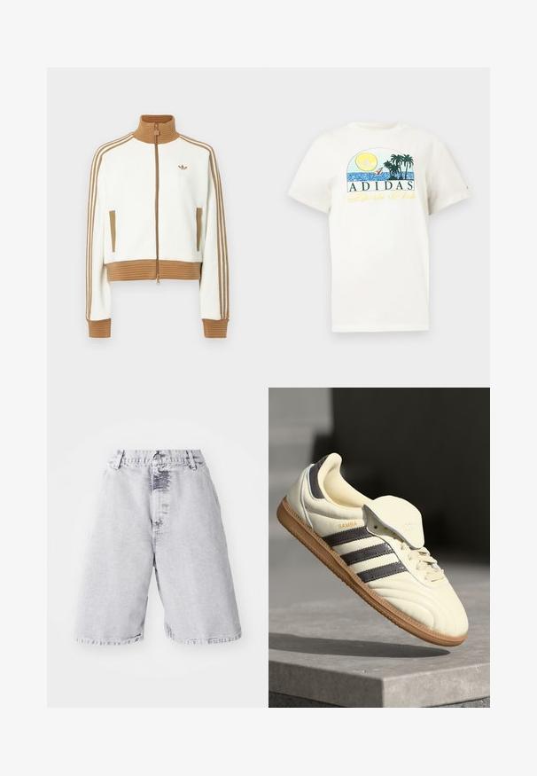 Witte cropped jas met een geribbeld bruin kraag en boorden. Voorzien van twee zijzakken en drie bruine strepen langs de mouwen. Geborduurd logo.; Witte katoenen t-shirt met een grafisch ontwerp van een zon, palmbomen en water. "ADIDAS Sports Club" gedrukt in groen en geel.; Leren denim shorts in lichtgrijs met een vervaagde textuur. Voorzien van een knoop- en ritssluiting, riemlussen en een recht pasvorm.; Crème leren sneaker met drie donkere strepen, een bruine gumrubberen zool en een ronde neus. Voorzien van een opvouwbare tong met het label "SAMBA."