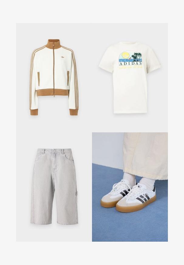 Bijela skraćena jakna s rebrastim smeškim ovratnikom i manžetama. Ima dva bočna džepa i tri smeđe pruge duž rukava. Izvezeni logo.; Bijela pamučna majica s grafičkim dizajnom na kojem su sunce, palme i voda. Ispisano "ADIDAS Sports Club" u zelenoj i žutoj boji.; Svijetlosivi traper šorts s opuštenim krojem, s pet džepova i bočnim cargo džepom. Tekstuirana tkanina s suptilnim izblijedjenjem.; Bjele tenisice s crnim prugama i bež suknjom. Imaju teksturiranu gumu potplat i ravne bijele vezice, nošene uz svijetle čarape.