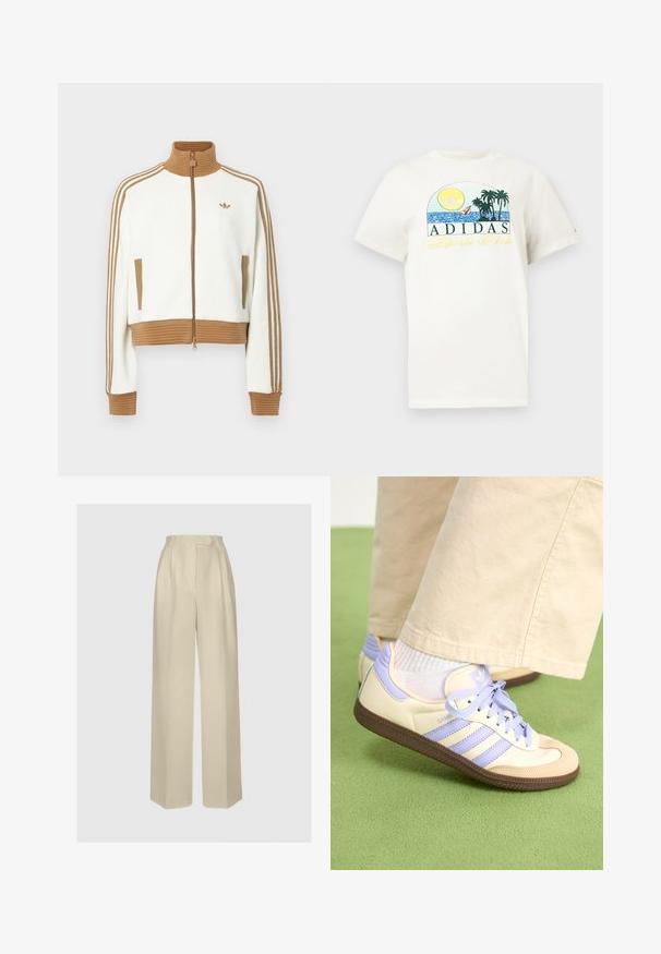 Veste blanche raccourcie avec un col et des poignets côtelés marron. Comprend deux poches latérales et trois bandes marron le long des manches. Logo brodé.; T-shirt en coton blanc présentant un design graphique avec un soleil, des palmiers et de l'eau. "ADIDAS Sports Club" imprimé en vert et jaune.; ANDIATA GYTTA - Pantalon classique - champagne; Baskets crème et lavande avec trois bandes et une semelle marron texturée, dotées de lacets et d'un talon rembourré. Tige en tissu doux.