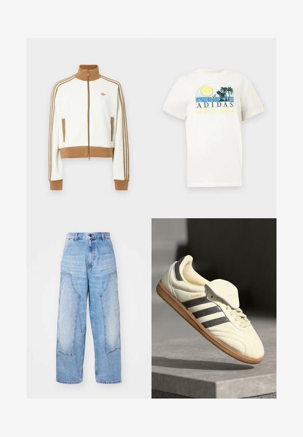 White cropped jacket with a ribbed brown collar and cuffs. Features two side pockets and three brown stripes along the sleeves. Embroidered logo.; White cotton t-shirt featuring a graphic design with a sun, palm trees, and water. "ADIDAS Sports Club" printed in green and yellow.; Light blue denim wide-leg pants with two large front pockets, a button closure, and subtle fading. Stitched accents on pockets detail.; Cream leather sneaker with three dark stripes, a brown gum outsole, and a rounded toe. Features a foldable tongue labeled "SAMBA."