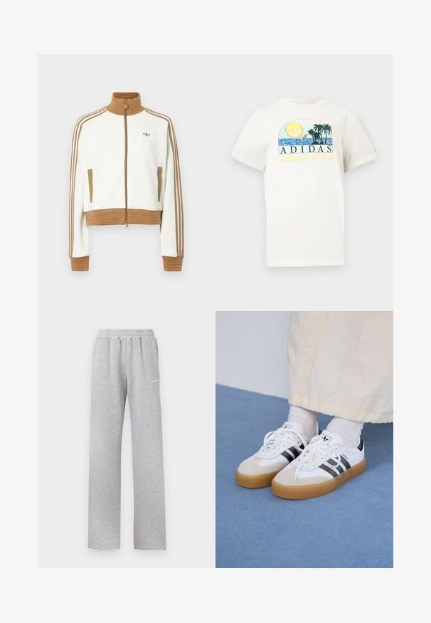 Jaqueta branca corta com um colarinho e punhos castanhos canelados. Apresenta dois bolsos laterais e três riscas castanhas nas mangas. Logótipo bordado.; T-shirt de algodão branco com um design gráfico apresentando um sol, palmeiras e água. "ADIDAS Sports Club" impresso em verde e amarelo.; Calças de moletom cinza claro com cintura elástica, design de perna reta e um pequeno logótipo branco na coxa esquerda. Tecido macio e texturizado.; Ténis brancos com riscas pretas e detalhes em camurça bege. Apresentam uma sola de borracha texturizada e atacadores brancos lisos, usados com meias de tom claro.