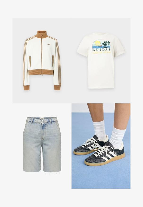 Chaqueta blanca cropped con un cuello y puños de color marrón con canalé. Cuenta con dos bolsillos laterales y tres rayas marrones a lo largo de las mangas. Logo bordado.; Camiseta de algodón blanca con un diseño gráfico que presenta un sol, palmeras y agua. "ADIDAS Sports Club" impreso en verde y amarillo.; Pantalones cortos de mezclilla de lavado claro con dobladillo deshilachado, que presentan un diseño clásico de cinco bolsillos y un cierre frontal con botón.; Zapatillas de cuero negro con rayas blancas, punta redonda, cordones blancos y suela de goma. Destacan por su cuello acolchado y detalles de marca.