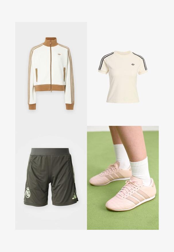 Weißes gekürztes Jacket mit einem gerippten braunen Kragen und Bündchen. Verfügt über zwei Seitentaschen und drei braune Streifen entlang der Ärmel. Besticktes Logo.; Cremefarbene Sweatshirt mit kurzen Ärmeln und schwarzen Streifenakzenten an den Schultern sowie einem kleinen schwarzen Logo auf der Brust. Weicher Tuchstoff.; Dunkelgrüne Sportshorts mit einem elastischen Bund, seitlichen Taschen und einem hellgrünen Logo am linken Unterschenkel.; Helle rosa Sportschuhe mit schrägen Nähten, weißen Sohlen und drei seitlichen Streifen. Getragen mit gestreiften weißen Socken auf grünem Untergrund.