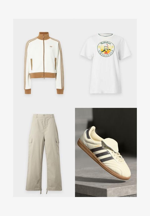 White cropped jacket with a ribbed brown collar and cuffs. Features two side pockets and three brown stripes along the sleeves. Embroidered logo.; White cotton t-shirt with short sleeves, featuring a round graphic logo in green and yellow, displaying "Adidas Originals" and fruit designs.; Light beige cargo pants with a relaxed fit, featuring a button closure, side pockets, and adjustable hem with ties. Smooth fabric texture.; Cream leather sneaker with three dark stripes, a brown gum outsole, and a rounded toe. Features a foldable tongue labeled "SAMBA."