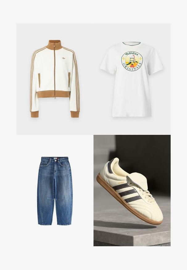 Fehér, rövidített dzseki bordás barna gallérral és mandzsettákkal. Két oldalsó zsebbe és három barna csíkba az ujjak mentén. Hímzett logóval.; Fehér pamut póló rövid ujjakkal, kerek grafikus logóval zöld és sárga színben, amelyen az "Adidas Originals" felirat és gyümölcs minták láthatók.; Középkék denim farmernadrág, magas derekú, rövidített, széles lábú fazonnal, elülső zsebekkel és látható varrásokkal.; Krém bőr sportcipő három sötét csíkkal, barna gumitalppal és lekerekített orral. Jellemzője a hajtogatható nyelv, amelyen "SAMBA" felirat található.