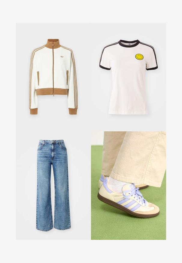 Bílá zkrácená bunda s hnědou žebrovanou límcem a manžetami. Má dvě boční kapsy a tři hnědé pruhy podél rukávů. Vyšívané logo.; Bílý bavlněný tričko s černým žebrovaným límcem, krátkými rukávy, černými pruhovanými akcenty a žlutým vyšitým úsměvem na hrudi.; Světle modré široké džíny s vysokým pasem, které mají pět kapes, zapínání na horní knoflík a kontrastní švy podél švů.; Krémové a levandulové tenisky se třemi pruhy a texturovanou hnědou podrážkou, vybavené tkaničkami a polstrovanou patou. Měkký textilní svršek.